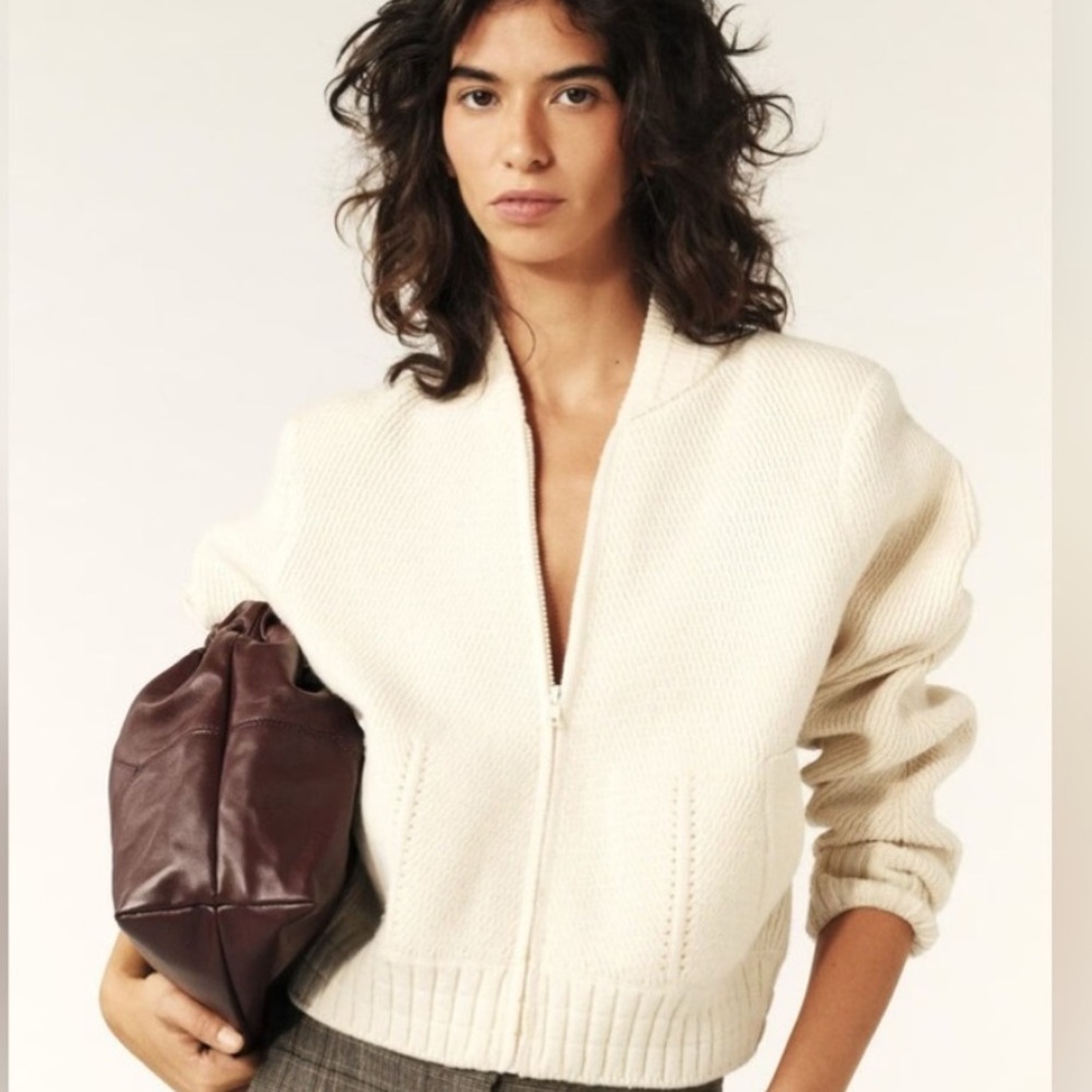 ba&sh Cream Zip-Front Knit Cardigan